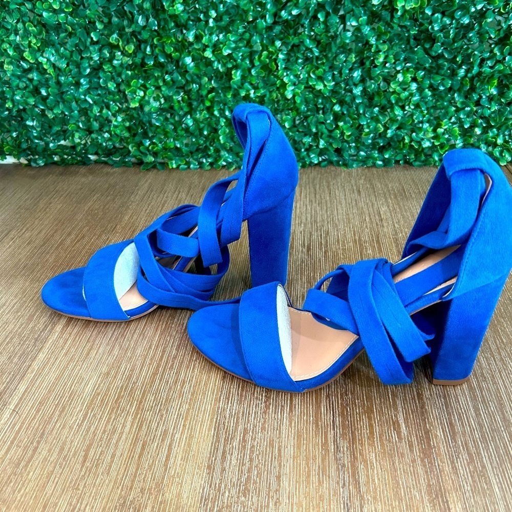 Bold Blue Lace-Up Block Heel Sandals Women’s 9 – Suede Strappy Party Shoes NEW - Picture 5 of 15